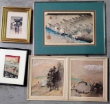 Lot Of 5 Framed Japanese Woodblocks & Water Colors