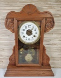 Antique Golden Oak Kitchen Clock with Gingerbread Panel Accents