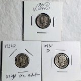 3 Key Date and Scarce Mercury Dimes - 1921-D and 2 1931-D (1 with Die Rotation)