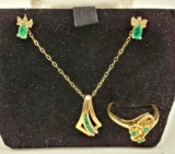 3 Piece 14K Yellow Gold & Emerald Earrings, Ring, & Pendent with 9k Gold Chain