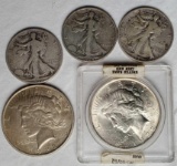 5 US Silver Coins - 2 Peace Dollars and 3 Walking Liberty Half Dollars