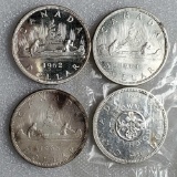 4 Canadian Silver Dollars 1962, 1963, 1964 and 1968