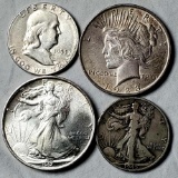 1987 Silver Eagle Style Round, 1923 Peace Dollar, 1945-S Walking Liberty and 1953-S Franklin Half