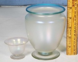 Steuben Carder Era Verre de Soie Art Glass Vase with Blue Rim and Footed Art Glass Salt