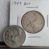 2 Key Date Canada 1947 Dot Silver Quarters