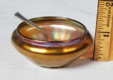 Quezal Soft Golden Iridescent Open Salt with Sterling Spoon