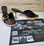 Authentic Vintage Chanel Black Patent Leather Slide Mule High Heel w/ COA