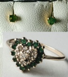 14K Yellow Gold Emerald & Diamond Ring With Pair of 14K Pair of Stud Earrings With Emeralds
