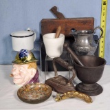 Tray Lot of Mortar & Pestles, Cigar Cutter, Sad Iron, Plane and More