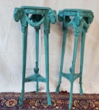 2 Turquoise Hand Carved and Painted Wood Three Legged Pedestals with Rams Heads and Garland