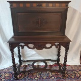 1920s Drop Front Writing Desk On Stand with Pigeon Hole and Arched Letter Slat Interior