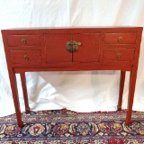 Red Cradle Paint Chinese Cabinet Raised on Slender Arrow Foot Legs