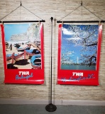 2 Vintage TWA Posters on Configured Iron Stand