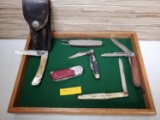 6 Vintage Pocket Knives with Wood Tray