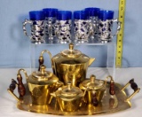 Thai Brass Tea & Coffee Set and 6 Nude Handle Chrome and Cobalt Mugs