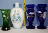 4 Antique Hand Painted European Style Glass Vases