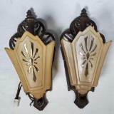 Pr Art Deco Scrolled Metalwork Pocket Sconces with Flared Panel Shades