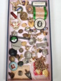 Tray of Antique & Vintage Fraternal Buttons, Medals, Pins, Etc.