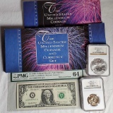 2000-D Millennium Uncirculated $1 Coins and Currency Set - Sacagawea, Silver Eagle and Note