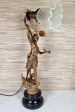 Diana with Hound Spelter Base Figural Lamp w/ Vaseline Glass Shade