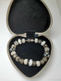 Authentic Pandora Sterling Snake Bracelet with 24 Black & White Charms & Orig. Heart Box