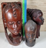 3 African Wood Carved Busts
