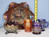 Carnival Glass Singing Birds and Beaded Shell Mugs, Peacock & Urn Bowl and Beaded Cable Rose Bowl