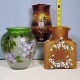 3 Hand Painted Glass Vases