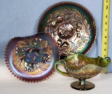 Northwood Carnival Glass Three Fruits Green Handled Bowl, Amethyst Plate and Strawberry Plate