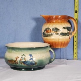 Roseville Landscape Early Pitcher and Dutch Scene Chamber Pot