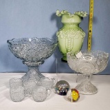 EAPG Broken Arches Punch Set, Slewed Horseshoe Compote, Cased Green Glass Vase and 2 Paperweights