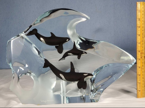 12" x 16" Wyland Lucite Limited Edition Orca Family Statue