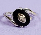 10k White Gold Black Onyx & Diamond Accent Ring