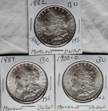 3 Morgan Silver Dollars - NM/MS/UNC - 1882, 1889 and 1900-O