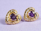 Pair 10k Gold Amethyst Heart Stud Earrings