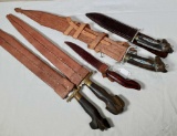 Lot Of 5 Philippines Bolo & Kris Knives With Leather Sheaths