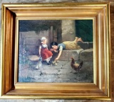 Antique Oil on Canvas Painting of Girls in Courthard By F. Tilgner