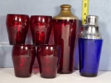 Ruby and Cobalt Cocktail Shakers and 4 Ruby Tumblers