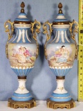 Pr French Porcelain Mantle Urns with Metal Mounts