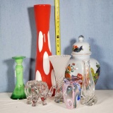 7 Pcs Art Glass Vases, Ginger Jar, Candlestick and More