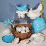 Easter Glass Hens on Nests, Opaline Eggs in Basket and More
