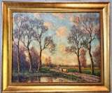 George H. Barker Impressionist Pastoral landscape painting with cows by a lake.
