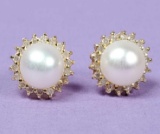 Pair Pearl & Diamond 14k Gold Earrings