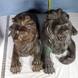 Pr of Left and Right Facing Bronze Recumbent Lion Sculptures