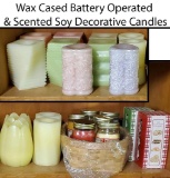 Shelf Full of Battery Operated and Scented Soy Decorator candles