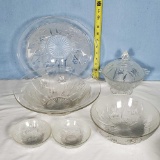 6 Hard to Find Crystal Jeanette Iris and Herringbone Bowls and Candy Jar