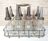 8 Vintage Glass 1 Quart Motor Oil Bottles in Metal Carrier Holder