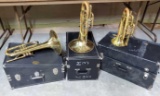 3 Vintage Mellophone Brass Horns with Cases (As Is)