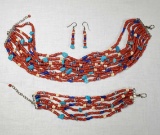 3 Pcs. Coral & Turquoise Multi-Strand Beaded Suite