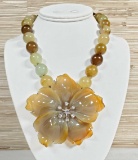 Green, Brown, Red Natural Jade Beaded Necklace With Flower Brooch / Pendant